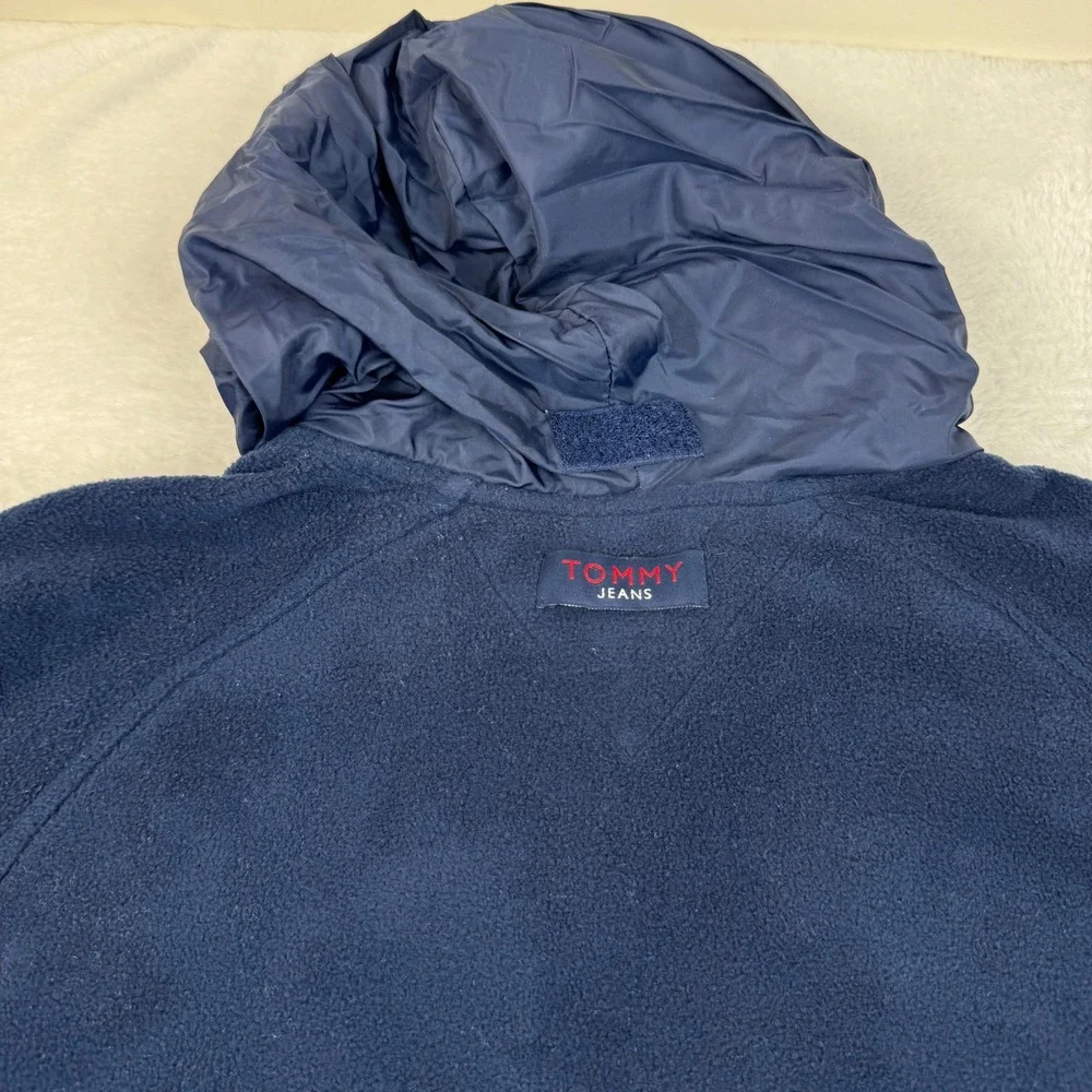 Vintage Tommy Jeans Fleece Pullover Mens Large Navy Blue 1/4 Zip Packable Hood